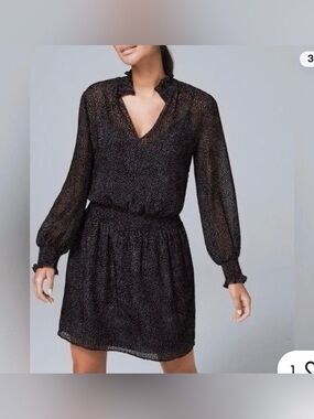 White House Black Market Black Long-Sleeve V-Neck Smocked-Waist Dress large